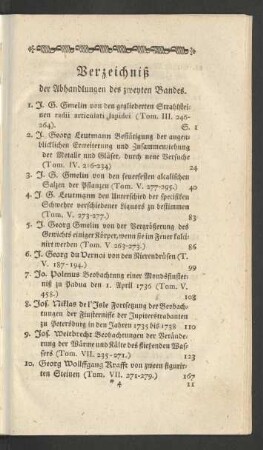Verzeichniß der Abhandlungen des zweyten Bandes.