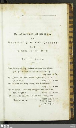 Beförderer und Theilnehmer am Denkmal J. G. von Herders durch Subscription seiner Werke
