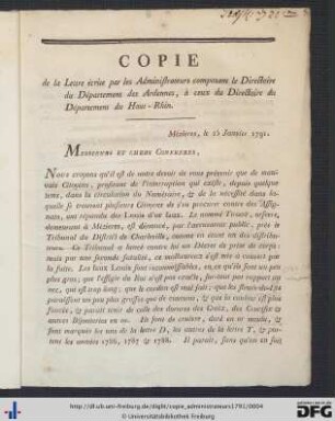 Copie de la Lettre écrite par les Administrateurs composant le Directoire du Département des Ardennes, à ceux du Directoire du Département du Haut-Rhin.