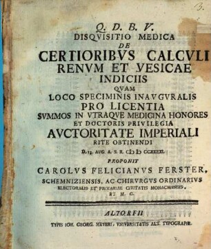 Disqvisitio Medica De Certioribvs Calcvli Renvm Et Vesicae Indiciis