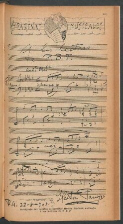 Autógrafo del notable compositor Héctor Panizza, dedicado á las lectores de PBT - [Para piano] : Páginas musicales