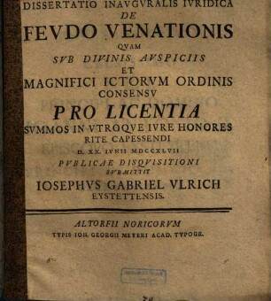 Dissertatio Inavgvralis Ivridica De Fevdo Venationis