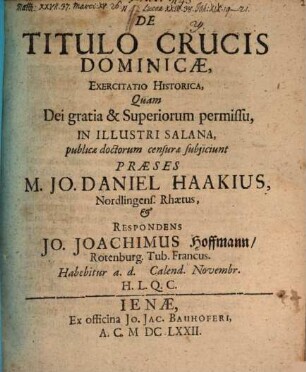 De Titulo Crucis Dominicae, Exercitatio Historica