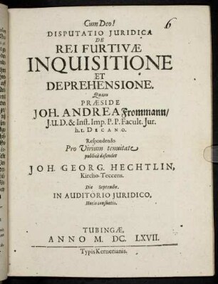 Disputatio Iuridica De Rei Furtivae Inquisitione Et Deprehensione