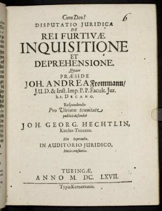Disputatio Iuridica De Rei Furtivae Inquisitione Et Deprehensione