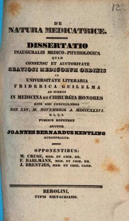 De natura medicatrice : Diss. inaug. med. physiol.