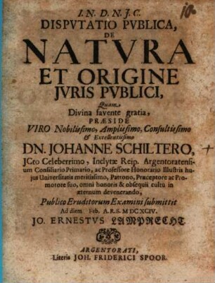 Disputatio Publica, De Natura Et Origine Iuris Publici