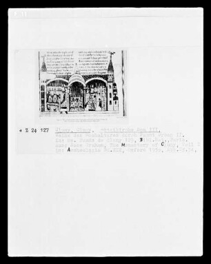 Ms. Fonds de Cluny 129, Cluny, Darstellung der Abteikirche Bau III (Weihe des Hochaltars durch Papst Urban II:)