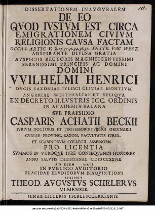 Dissertationem Inavgvralem De Eo Qvod Ivstvm Est Circa Emigrationem Civivm Religionis Cavsa Factam : Occas. Artic. V. §. 27. 30. 31. 34. 36. 37. Instr. Pac. West.
