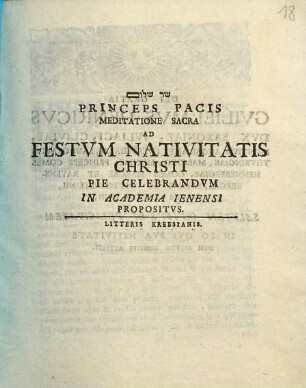 Princeps pacis : meditatione sacra ad festum nativitatis Christi pie celebrandum in Academia Jenensi praepositus