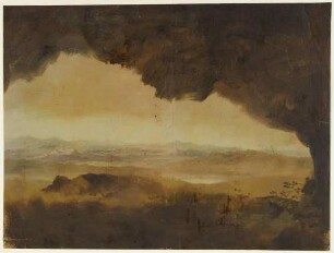 Blick aus einer Höhle auf eine ferne Gebirgslandschaft in der italienischen Campagna