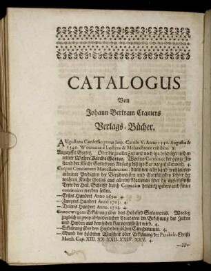 Catalogus Von Johann Bertram Cramers Verlags-Bücher.