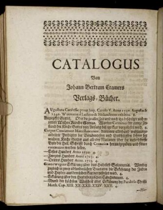 Catalogus Von Johann Bertram Cramers Verlags-Bücher.