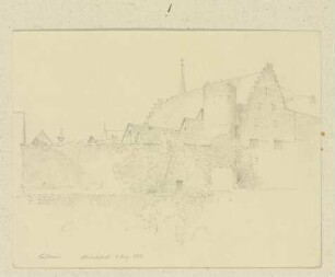Michelstadt, rechts hinter der Stadtmauer die Burg Michelstadt, dahinter die Spitze des Turms der Stadtkirche