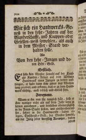 3034-3050, Von den Lehr-Jungen und deren Lehrgeld. - Von der Wanderschafft der Meister-Söhne, ...