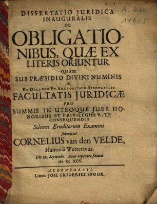 Dissertatio juridica inauguralis De obligationibus, quae ex literis oriuntur