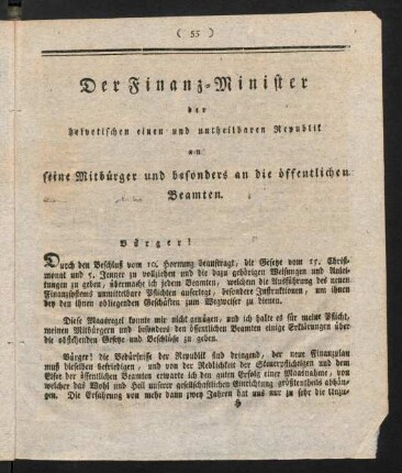 55-62, Der Finanz-Minister ... an seine Mitbürger und ... Beamten
