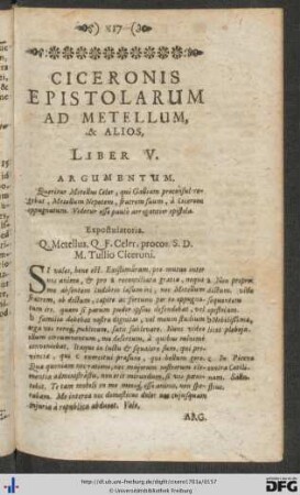 Ciceronis Epistolarum Ad Metellum, Et Alios, Liber V.