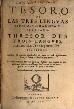 Tesoro de las tres lenguas, española, françesa y italiana