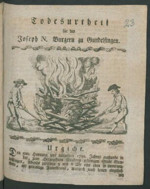 Todesurtheil für den Joseph N. Burgern zu Gundelfingen
