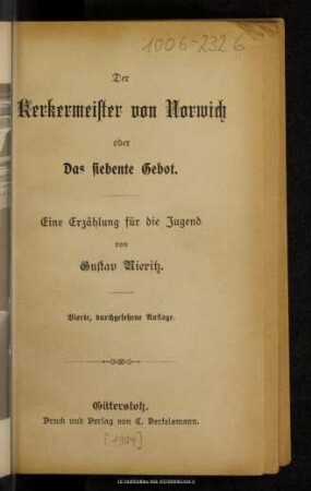 Der Kerkermeister von Norwich oder Das siebente Gebot : eine Erzählung für die Jugend
