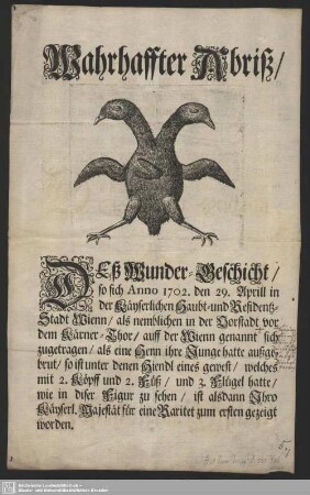 Wahrhaffter Abriß, Deß Wunder-Geschicht, so sich Anno 1702. den 29. Aprill in ... Wienn ... zugetragen