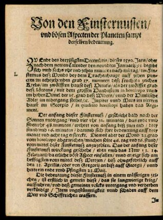 Von den Finsternussen/ und bösen Aspecten der Planeten sampt derselben bedeuttung.