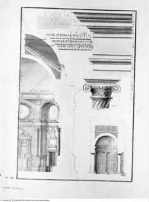 Cappella Emiliana nell'isola di S. Michiele di Murano, e quella di S. Anna nell'isola della Grazia, misurate e disegnate da me Tommaso Temanza., Tafel III: San Michele in Isola, Cappella Emiliana, Aufriss Innenansicht, Architekturdetails, Maßangaben