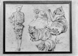 Studienblatt mit 2 Figuren und 4 Katzen