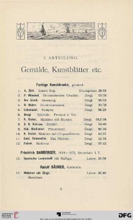 I. Abteilung. Gemälde, Kunstblätter etc. (Nr. 1-172)