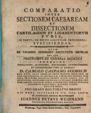 Comparatio Inter Sectionem Caesaream Et Dissectionem Cartilaginis Et Ligamentorum Pvbis, In Partv, Ob Pelvis Angvstiam Impossibili, Svscipiendas : Vna Cvm Positionibvs Ex Vniversa Medicina