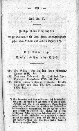 Anl. No. V. Fortgesetztes Verzeichniß der zur Bibliothek der Schl. Holst. Bibelgesellschaft gehörenden Bibeln und andern Schriften.