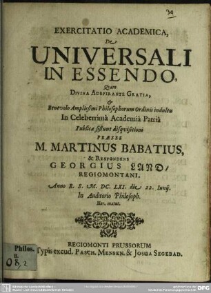 Exercitatio de universali in essendo