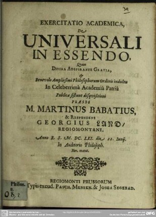 Exercitatio de universali in essendo