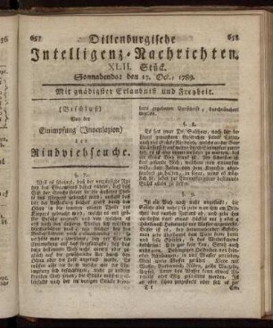 XLII. Stück. Sonnabends: den 17. Oct., 1789.