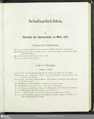 I. Statistik des Gymnasiums im März 1873