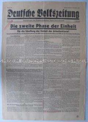 Titelblatt der Tageszeitung der KPD "Deutsche Volkszeitung" zur Vorbereitung der Vereinigung von KPD und SPD in der Sowjetischen Besatzungszone
