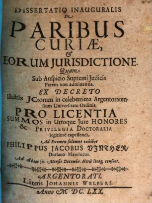 Dissertatio Inauguralis De Paribus Curiae & Eorum Jurisdictione