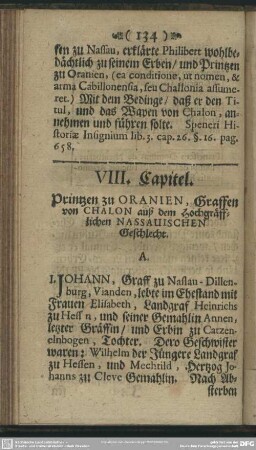 VIII. Capitel. Printzen zu Oranien, Graffen von Chalon auß dem Hochgräfflichen Naussauischen Geschlecht