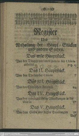 Register Und Abtheilung der Haupt-Stücken und andern Sachen