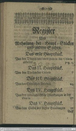 Register Und Abtheilung der Haupt-Stücken und andern Sachen