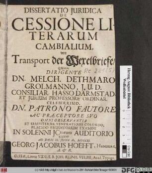 Dissertatio Juridica De Cessione Literarum Cambialium, von Transport der Wexelbriefe