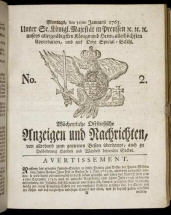 No. 2. Montags, den 10ten Januarii 1763.