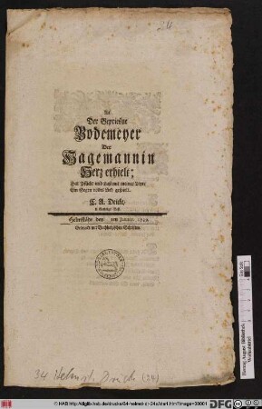 Als Der Gepriesne Bodemeyer Der Hagemannin Herz erhielt: Hat Pflicht und Lust mit meiner Leyer Ein Segen volles Lied gespielt ... : Helmstädt den [ ]ten Januar. 1739