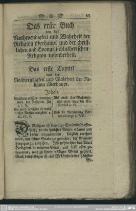 Das erste Buch von der Nothwendigkeit und Wahrheit der Religion überhaupt und der christlichen und Evangelischlutherischen Religion insonderheit