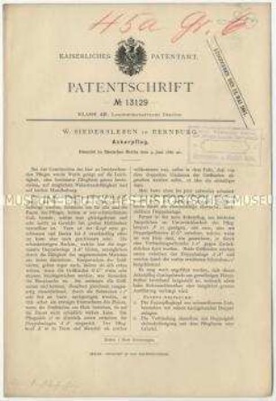 Patentschrift eines Ackerpfluges, Patent-Nr. 13129