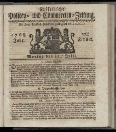 30tes Stueck, Montag den 25ten Julii. 1768