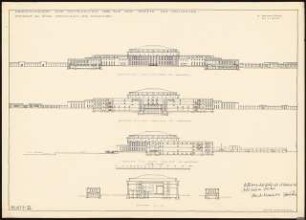 Hochschule für Tanzkunst Schinkelwettbewerb 1929: Gesamtanlage: Schnitte nach SW, NO, SO 1:400