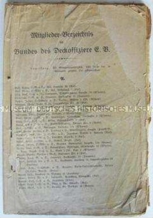 Gedrucktes Verzeichnis der Mitglieder des Bundes der Deckoffiziere (ohne Einband)