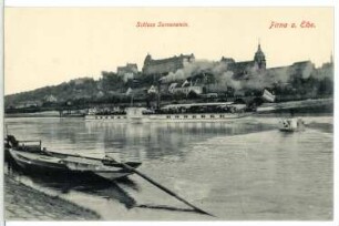 Pirna. Schloss Sonnenstein - Elbe mit Dampfer Aussig